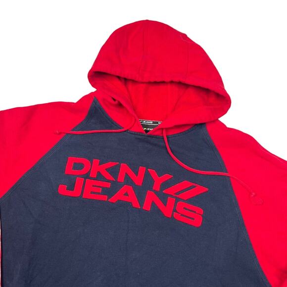 DKNY Jeans Logo Spellout Hoodie Sweatshirt Colorblock Navy Blue Red Large - Picture 3 of 5